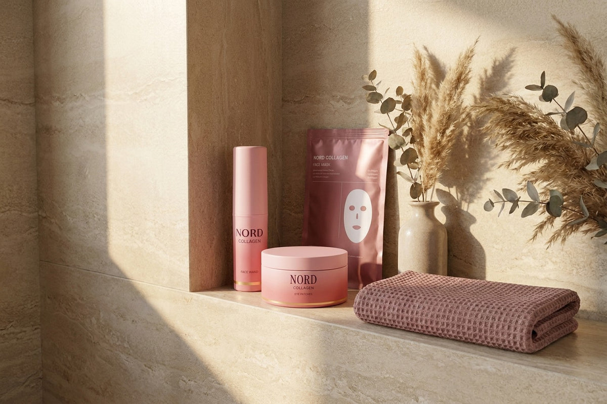 Face Wand, Eye Patches och Face Mask på en badrumshylla