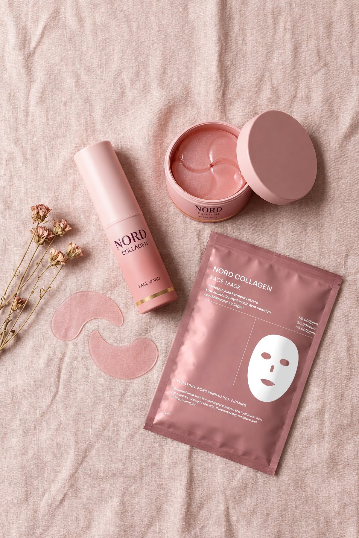 Face Wand, öppen burk med Eye Patches och Face Mask ovanifrån
