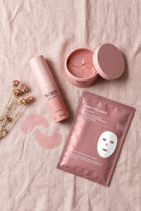 Face Wand, öppen burk med Eye Patches och Face Mask ovanifrån