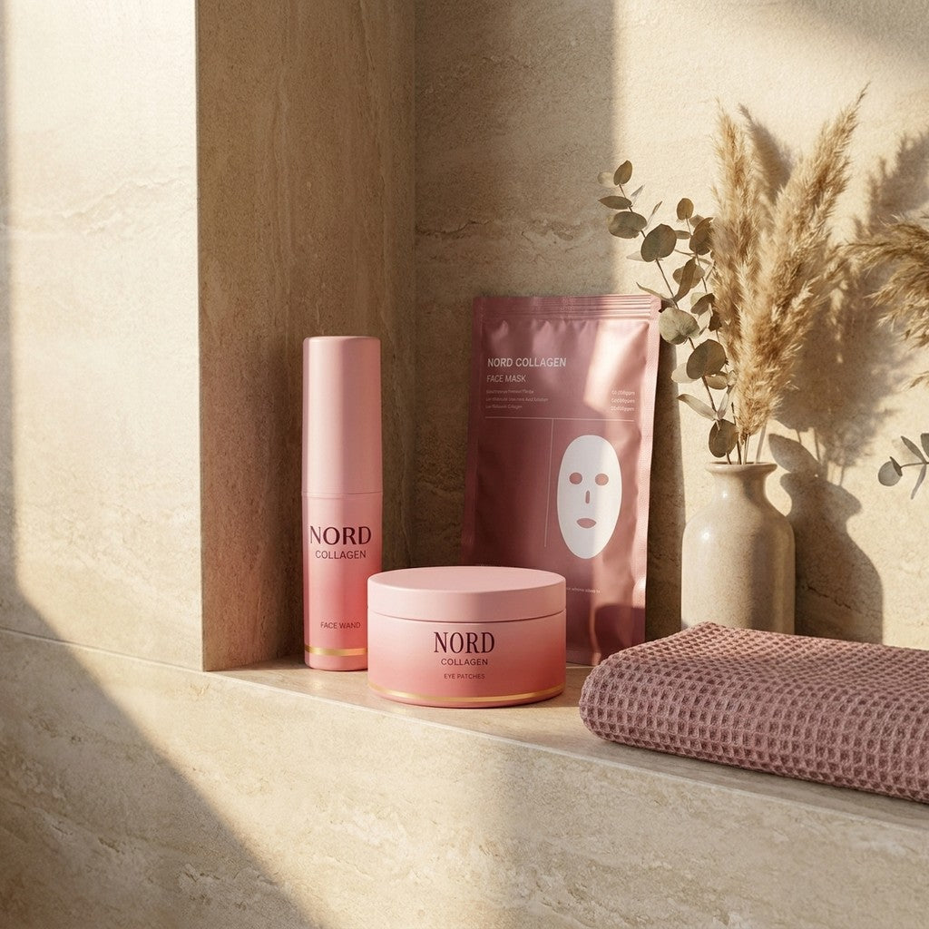 Face Wand, Eye Patches och Face Mask på badrumshyllan